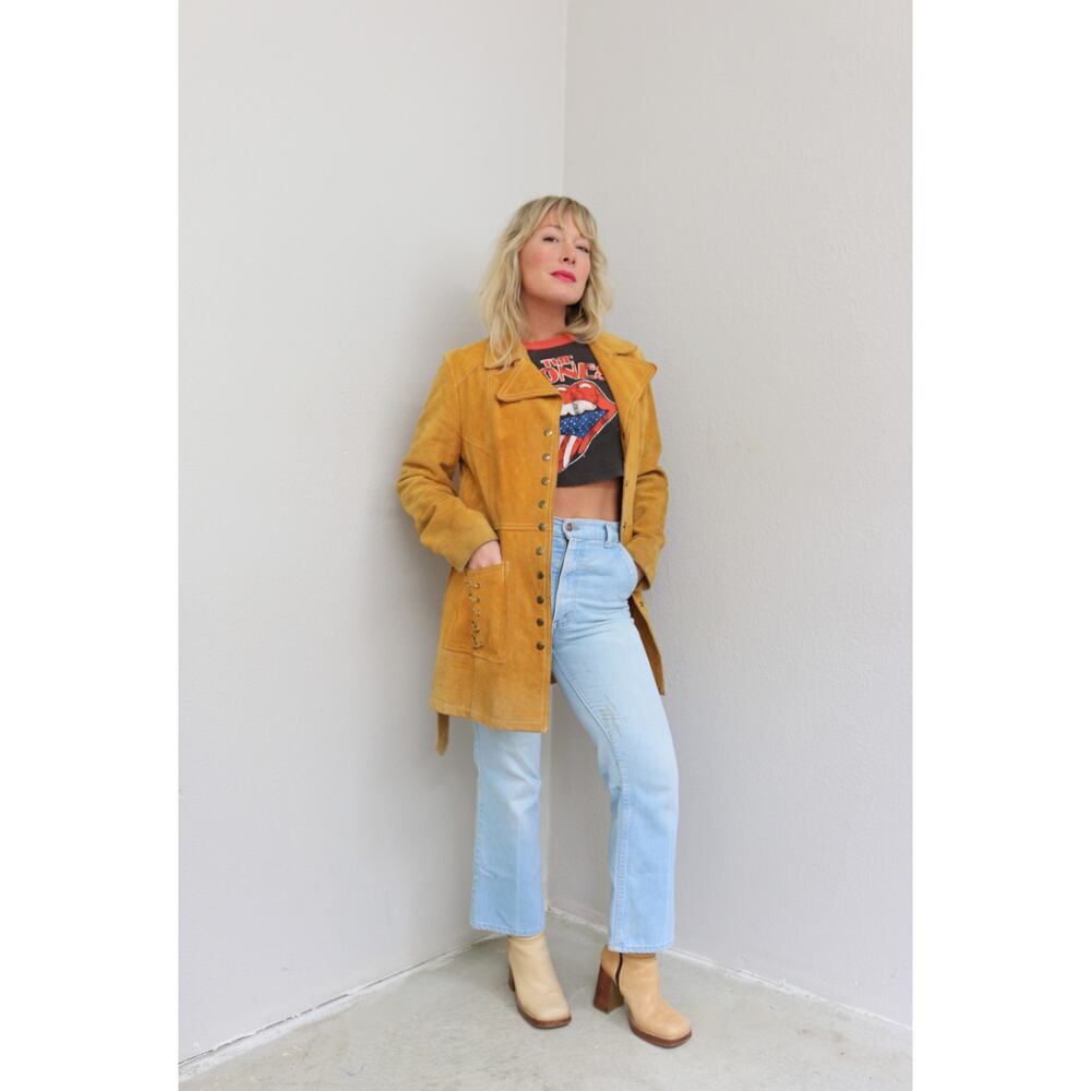 1960's Vintage Rough Mustard Suede Leather Jacket ~ Women's MD LG ~ Men's MD - Picture 7 of 10